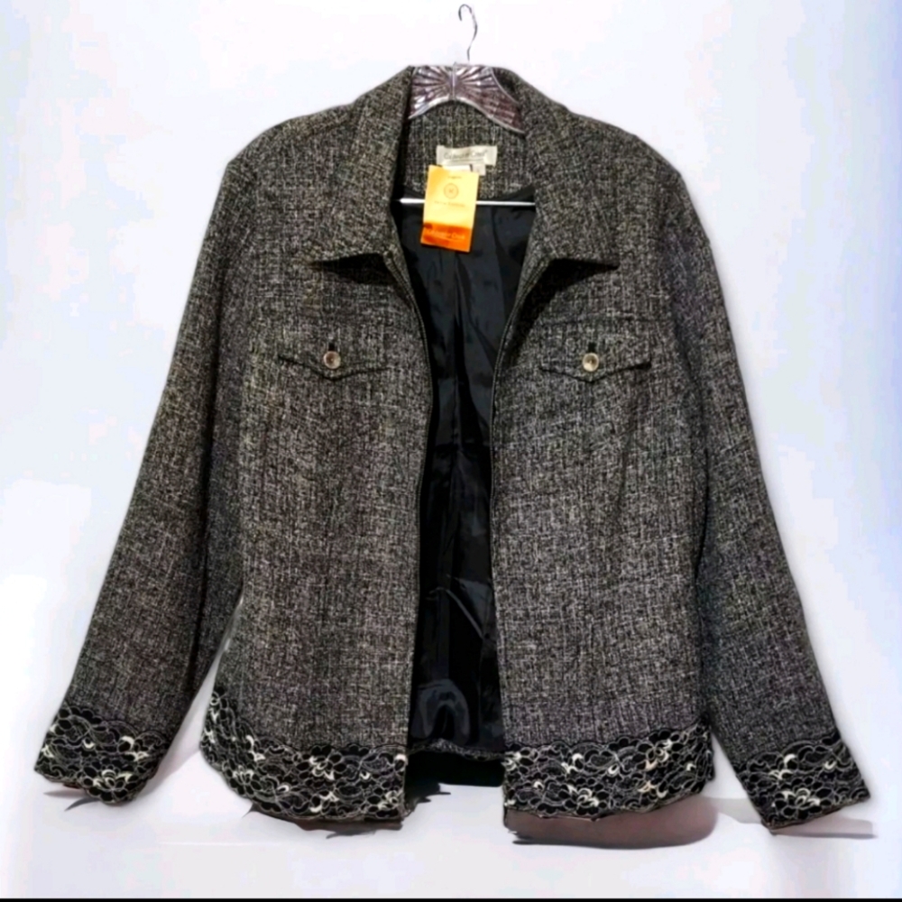 Coldwater Creek Gray Tweed Jacket Womens Size L Black Lace Trim Zip Up Lined